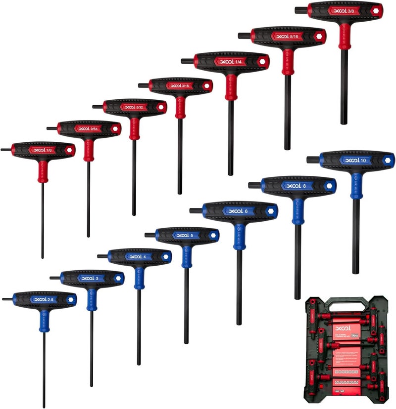 XOOL 14PCS T Handle Allen Wrench Set, Metric & SAE Hex Key Set, Long Arm Hex Key Wrench Set with Portable Organizer - Image 1